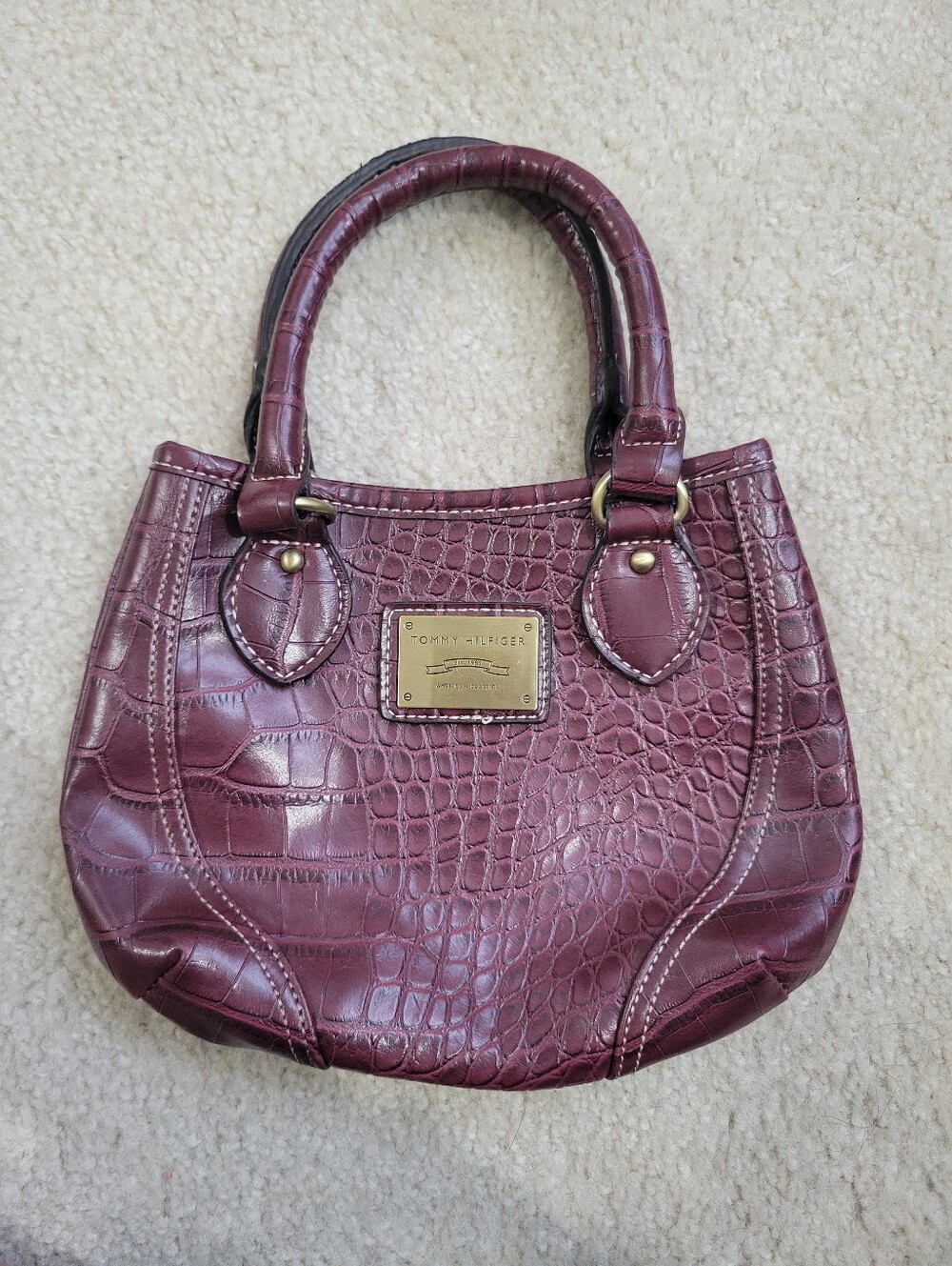 Tommy Hilfiger Satchel Handbag Burgundy Faux Croc Alligator Embossed Y2K Purse